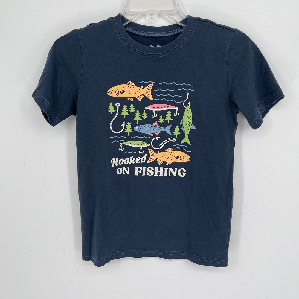 Life is‎ Good NWT Kids Blue Hooked On Fishing Crusher Graphic Tee T-Shirt Size L